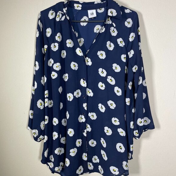Cabi #5705 Go To Button Up Blouse Size Small Navy White Floral 3/4 Sleeve Sheer! - Picture 1 of 6